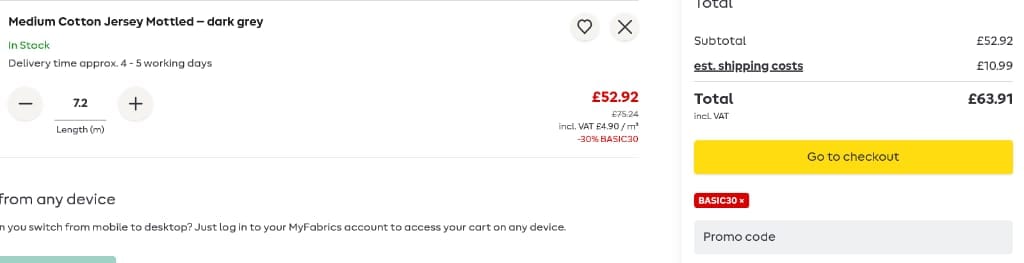 Screenshot of the My Fabrics discount code working