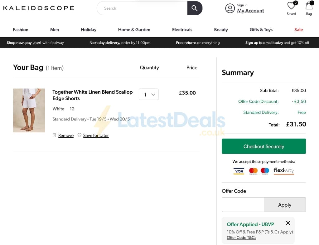 Screenshot of the Kaleidoscope discount code working