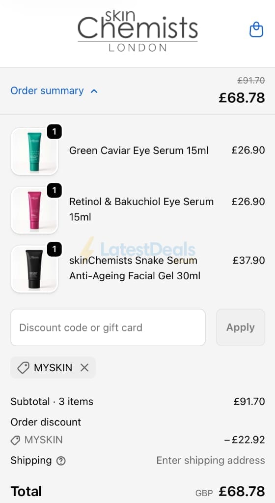 Screenshot of the skinChemists discount code working