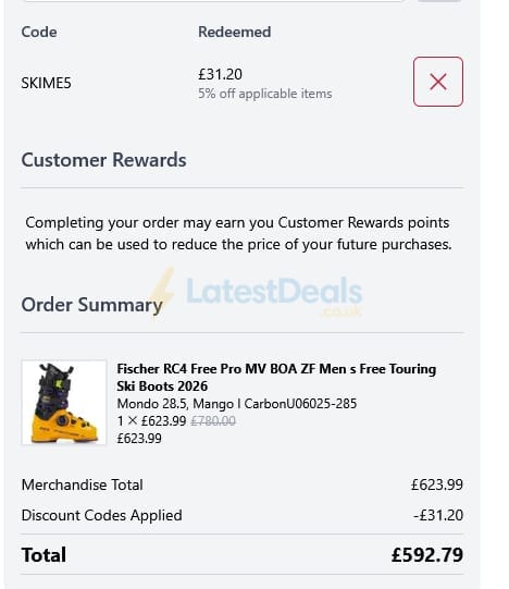 Screenshot of the the skiers lounge wintersports discount code working