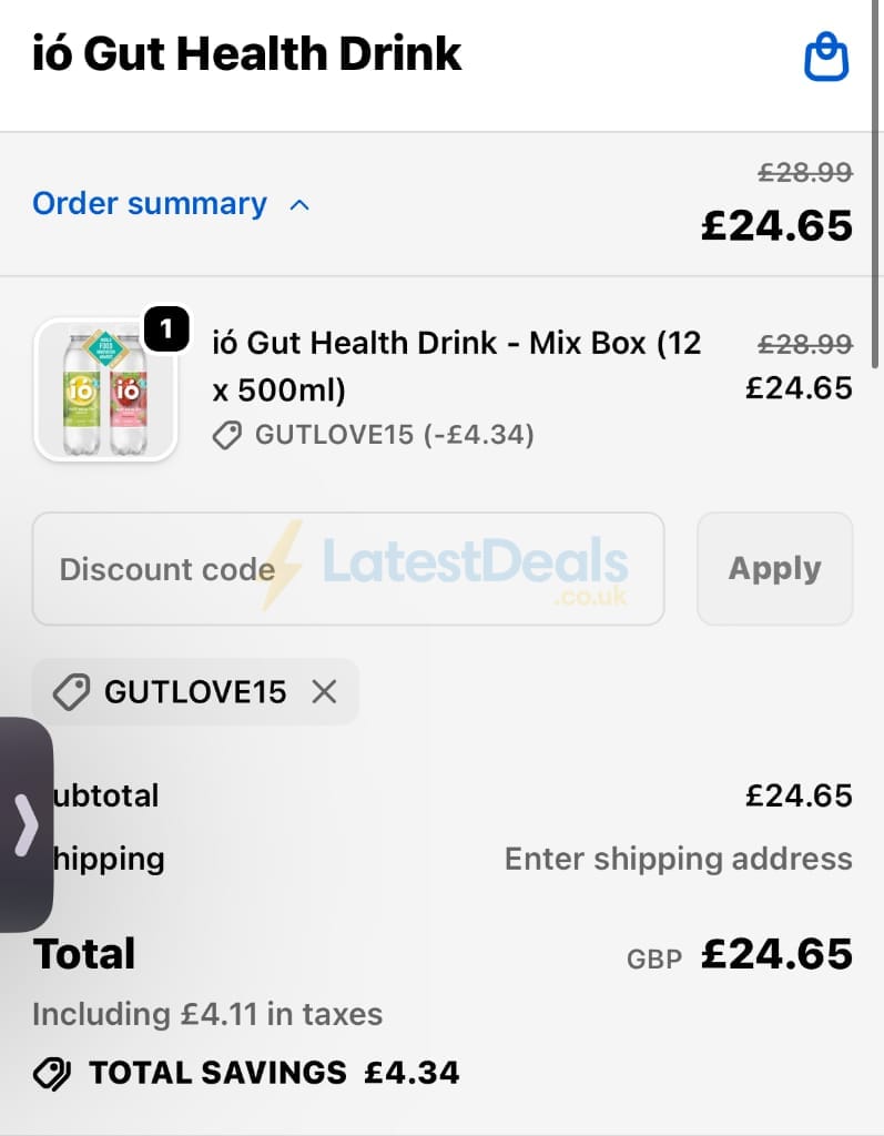 Screenshot of the ió Gut Health Drink discount code working