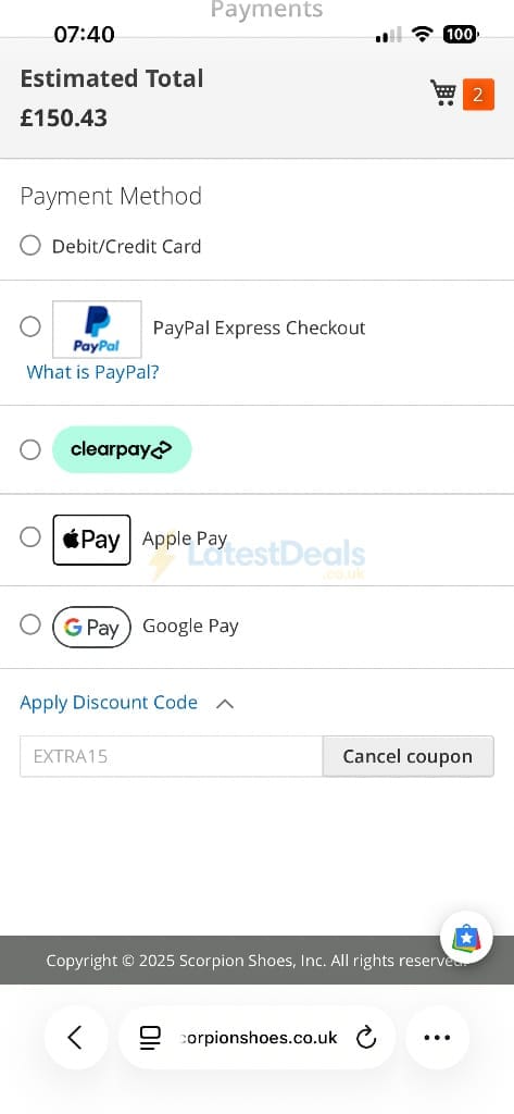Screenshot of the Scorpion Shoes discount code working