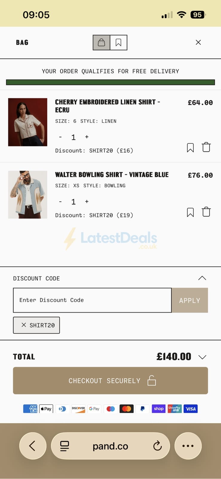Screenshot of the P&Co discount code working
