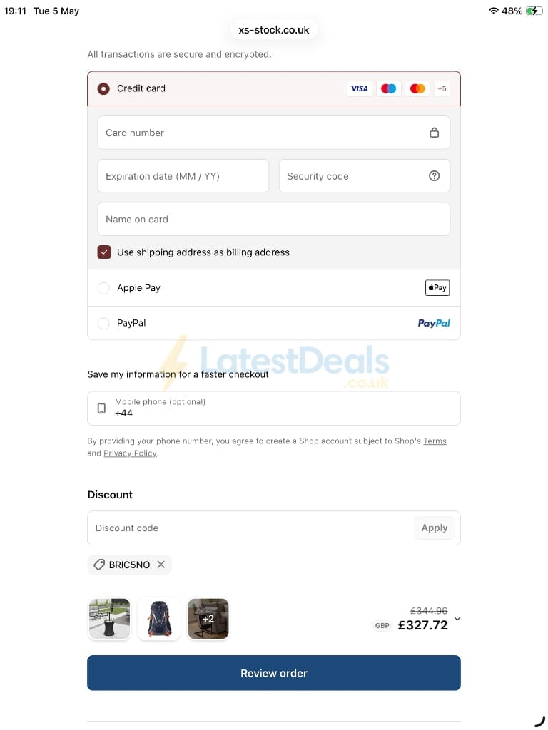 Screenshot of the XS-Stock discount code working