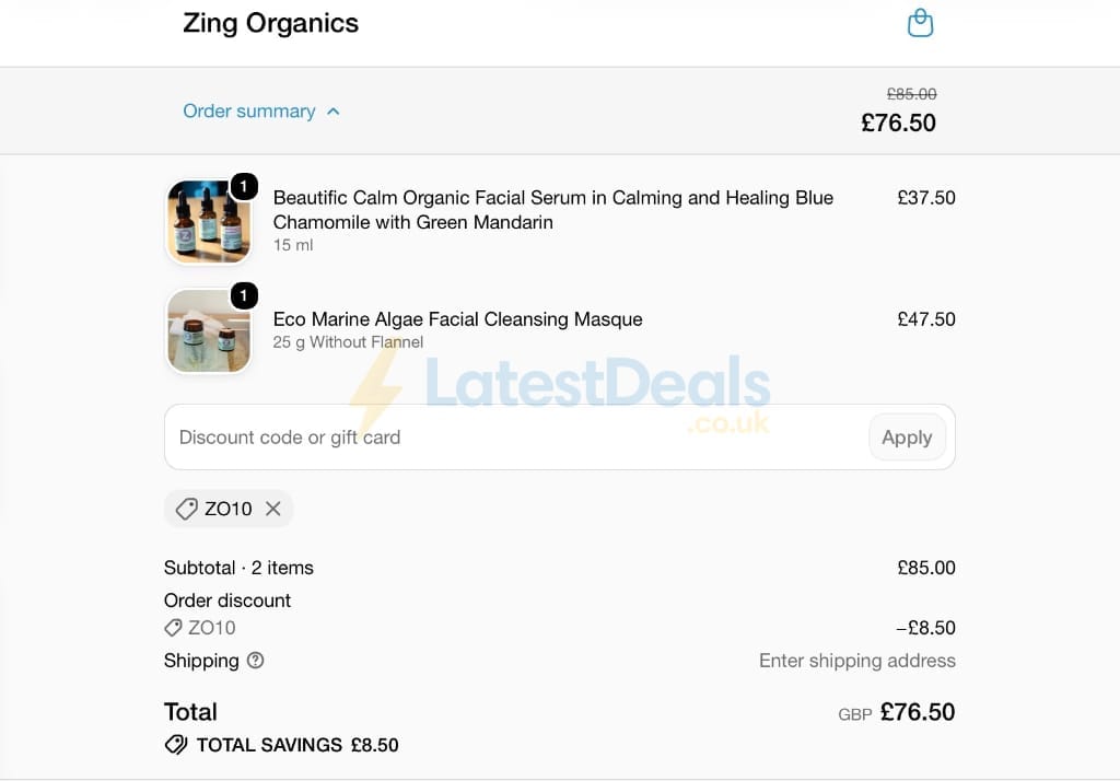 Screenshot of the Zing Organics discount code working