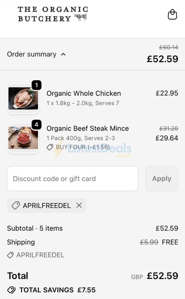 Screenshot of the The Organic Butchery discount code working