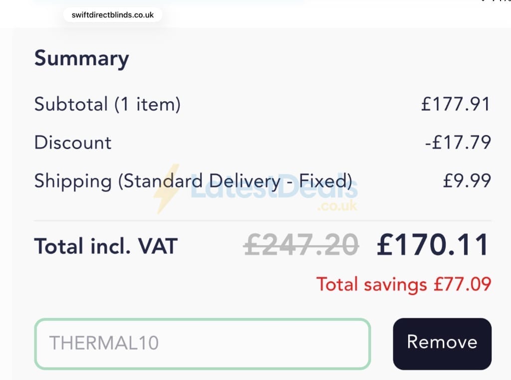 Screenshot of the Swift Direct Blinds discount code working