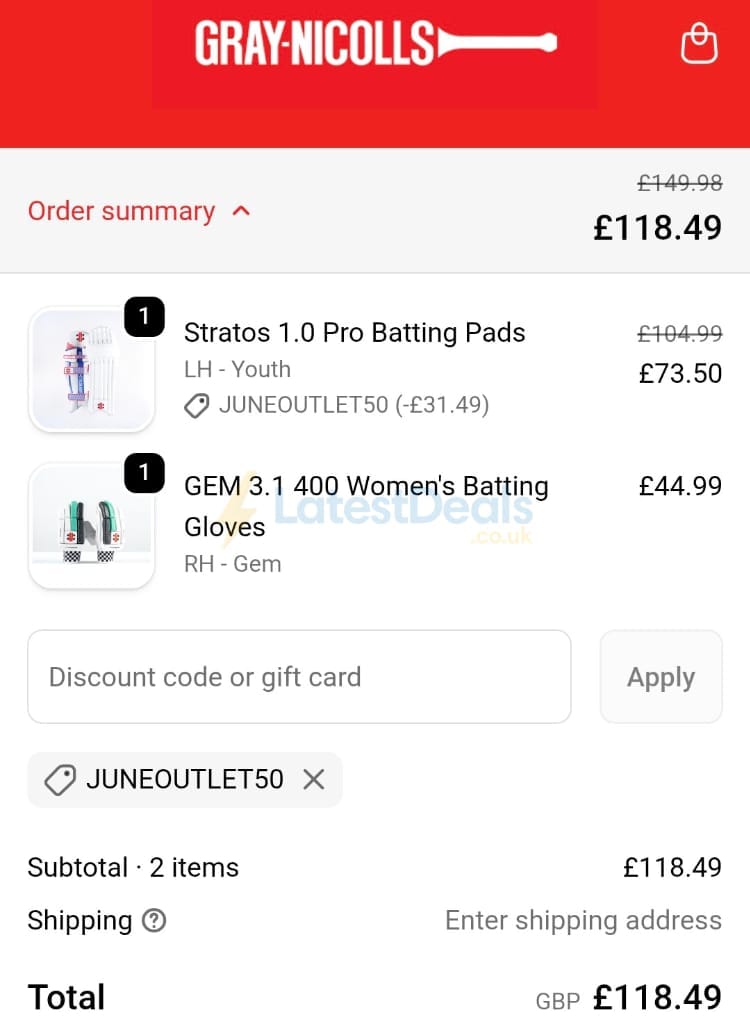 Screenshot of the Gray-Nicolls discount code working