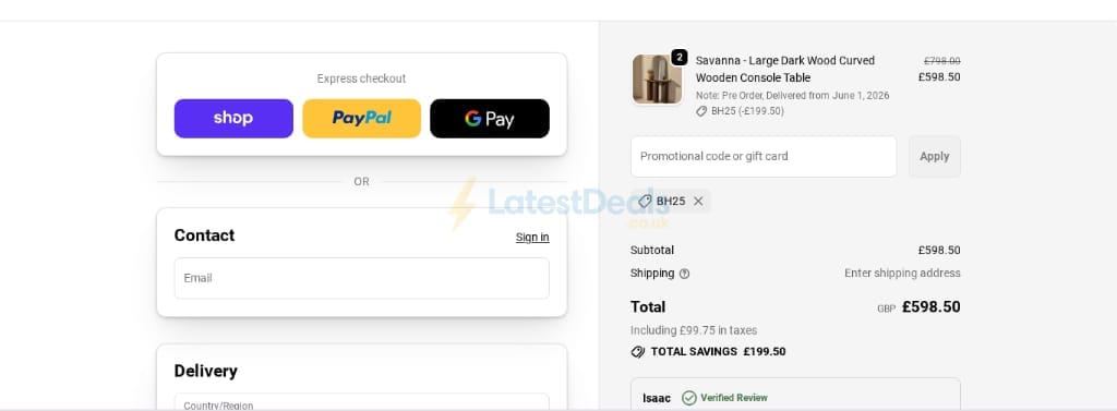 Screenshot of the William Wood Mirrors discount code working