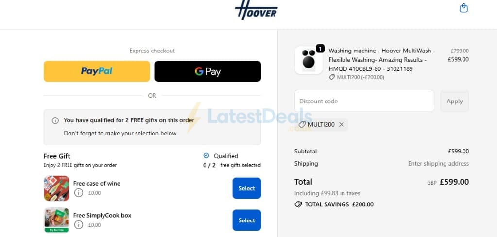 Screenshot of the Hoover discount code working