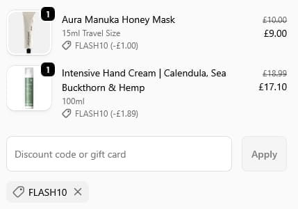 Screenshot of the MYPURE discount code working