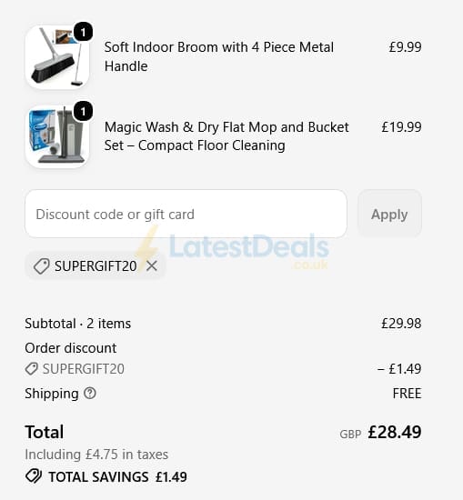 Screenshot of the The Dustpan and Brush Store discount code working