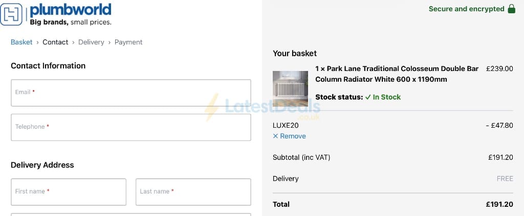 Screenshot of the Plumbworld discount code working