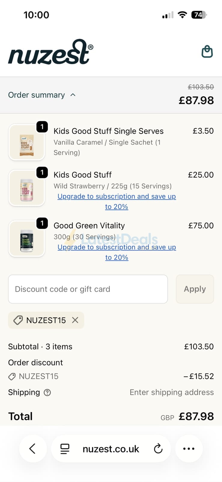 Screenshot of the Nuzest discount code working