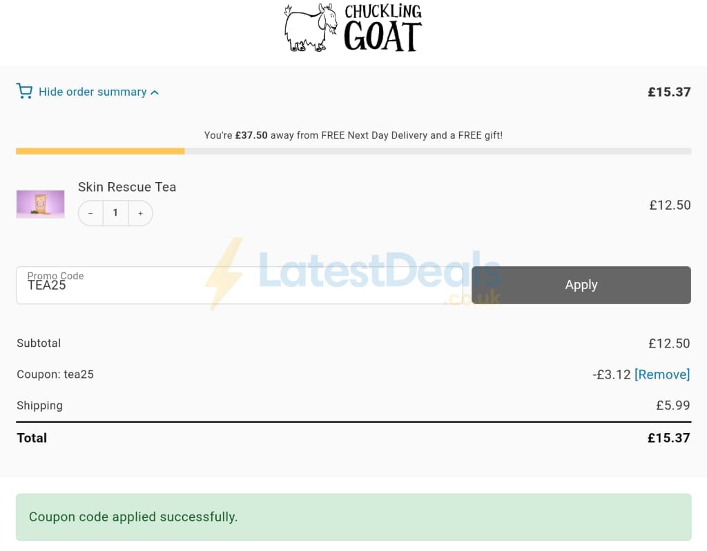 Screenshot of the Chuckling Goat discount code working