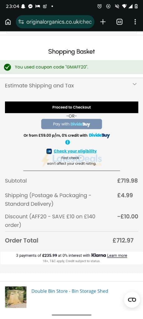 Screenshot of the Original Organics discount code working