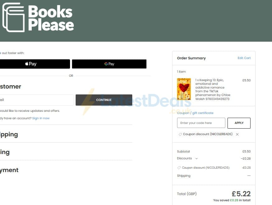 Screenshot of the Books Please discount code working