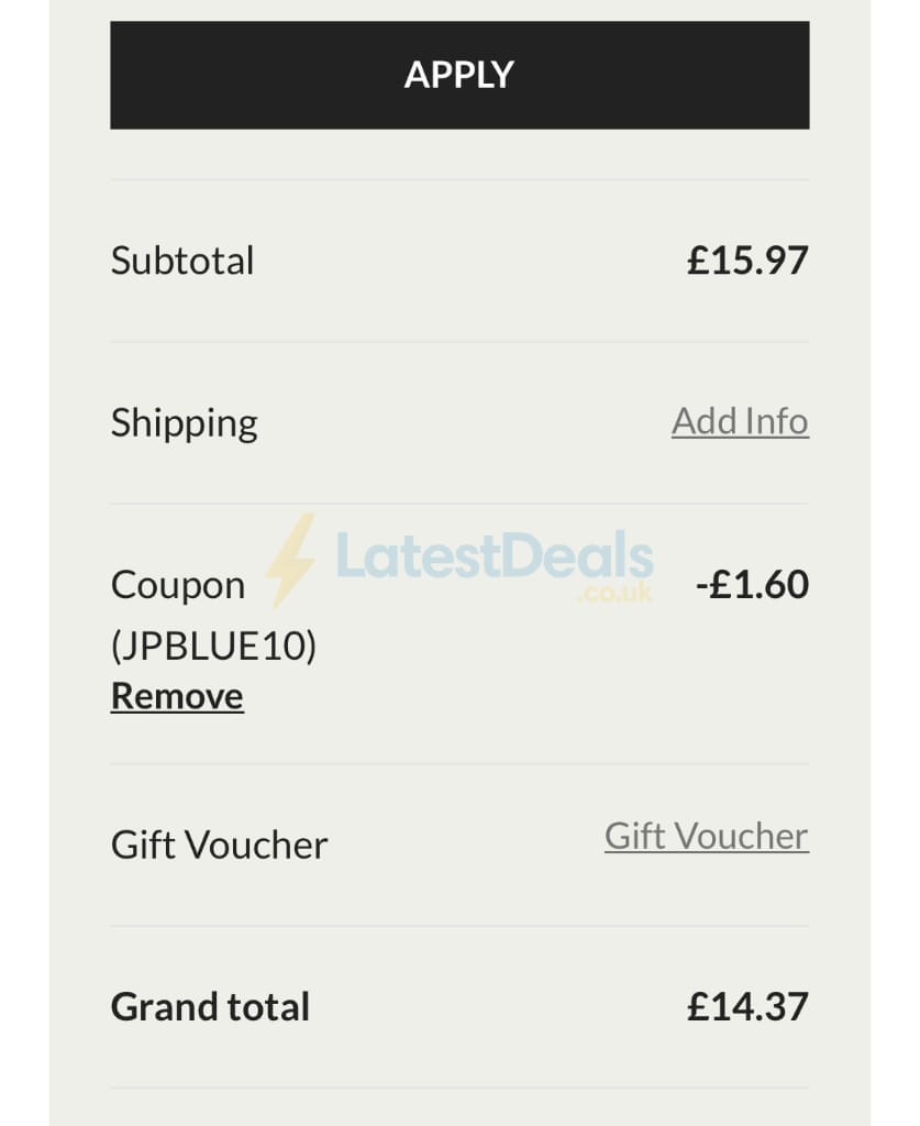 Screenshot of the J Parkers discount code working