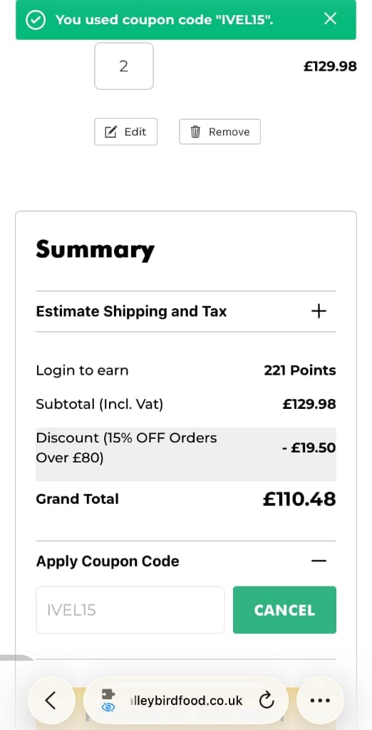 Screenshot of the Ivel Valley Bird Food discount code working