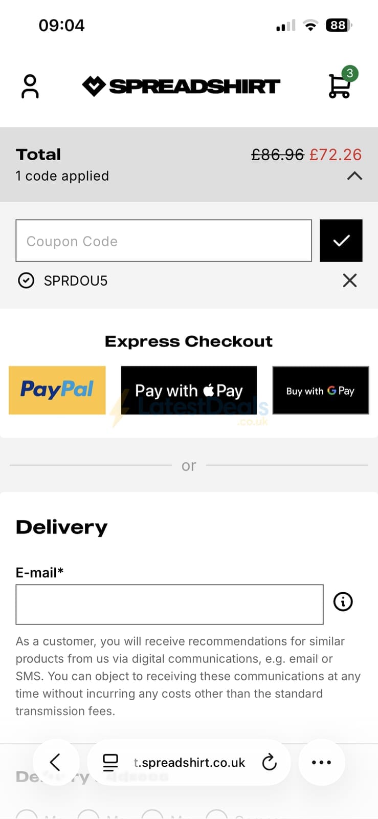 Screenshot of the Spreadshirt discount code working