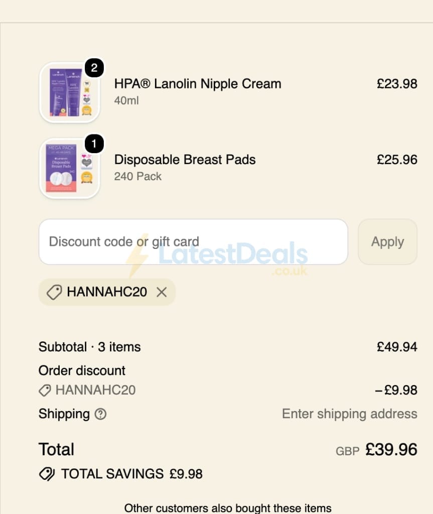 Screenshot of the Lansinoh UK discount code working