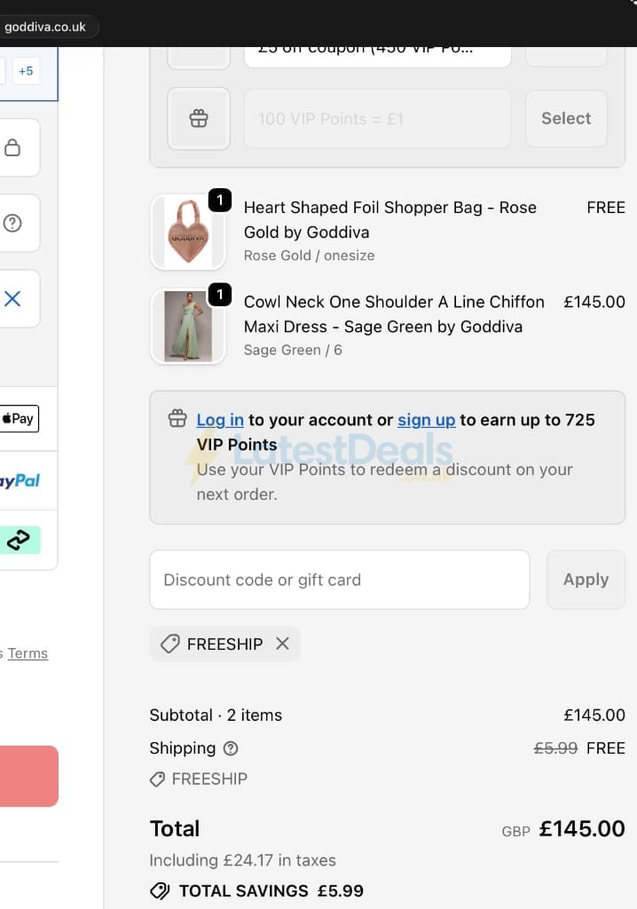 Screenshot of the Goddiva discount code working
