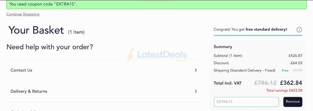 Screenshot of the Swift Direct Blinds discount code working