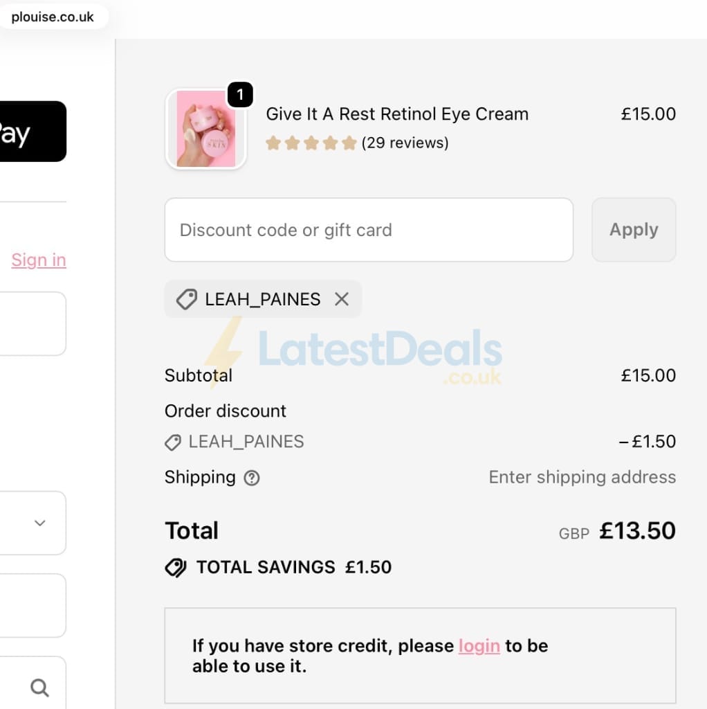 Screenshot of the P. Louise discount code working