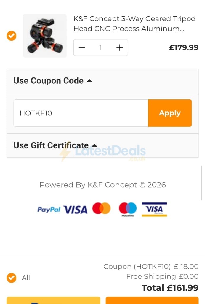 Screenshot of the K&F Concept discount code working