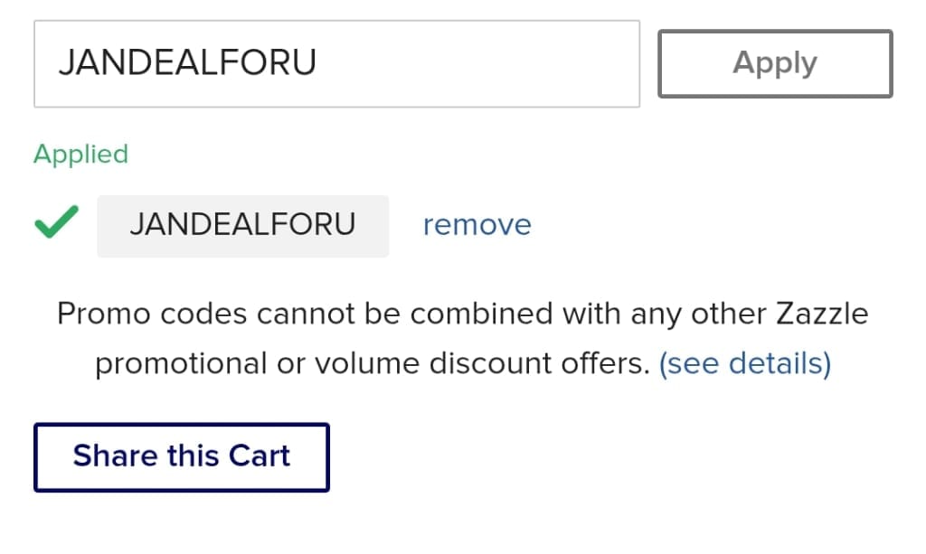 Screenshot of the Zazzle discount code working