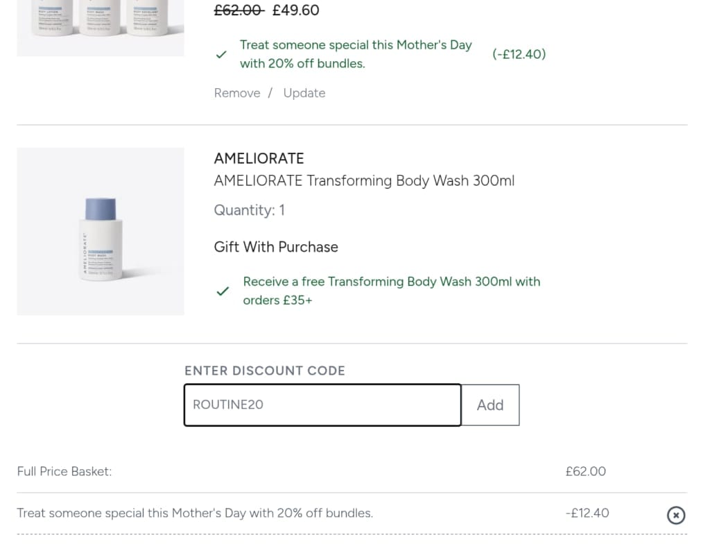 Screenshot of the Ameliorate discount code working