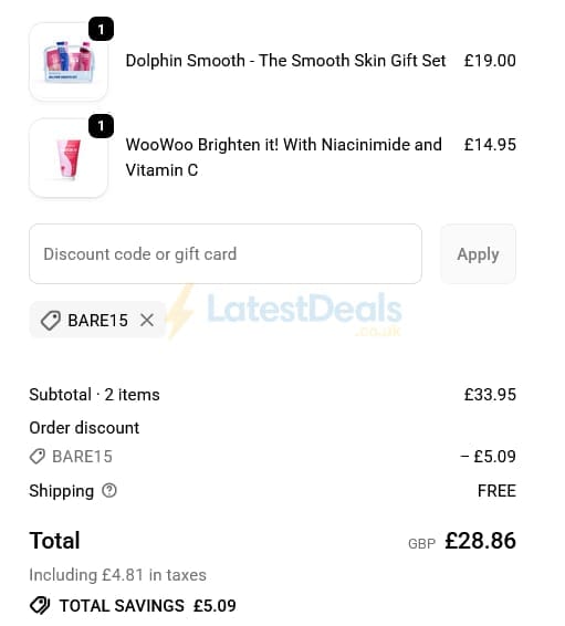 Screenshot of the WooWoo discount code working