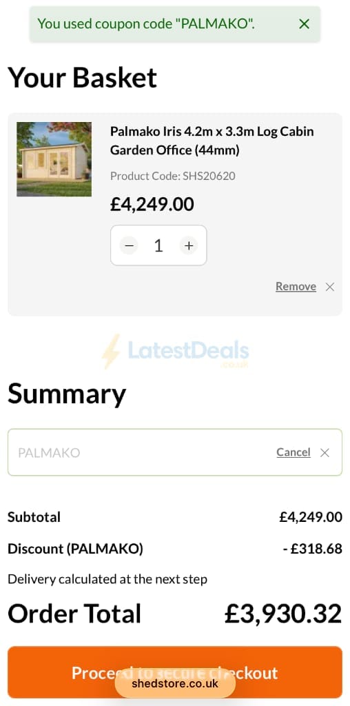 Screenshot of the Shedstore discount code working