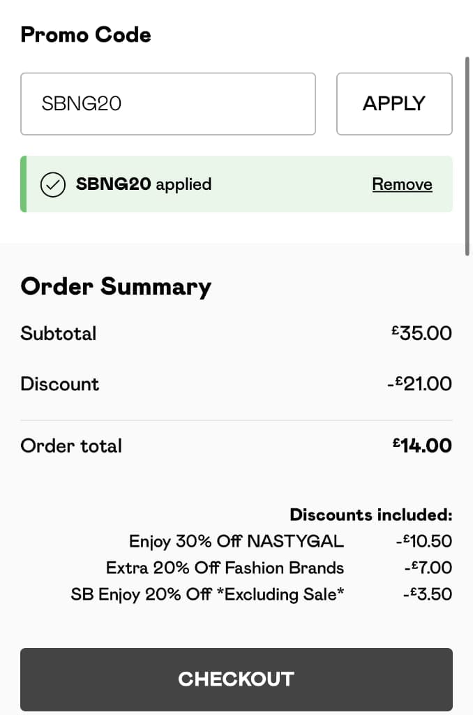 Screenshot of the Nasty Gal discount code working