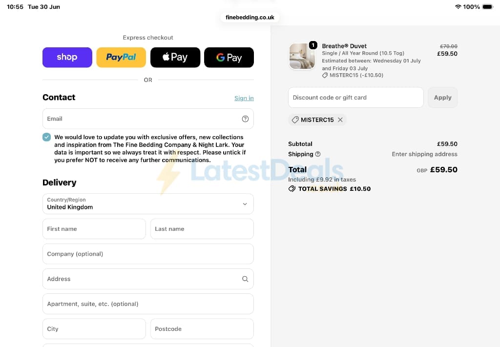 Screenshot of the The Fine Bedding Company discount code working