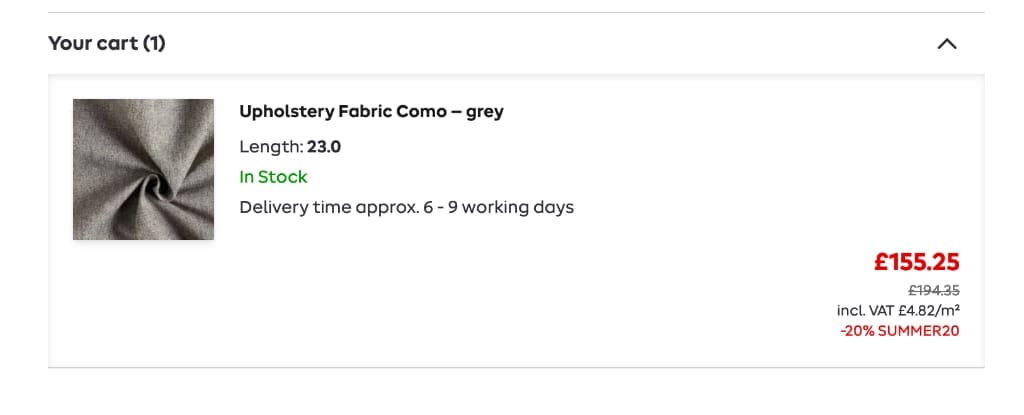 Screenshot of the My Fabrics discount code working