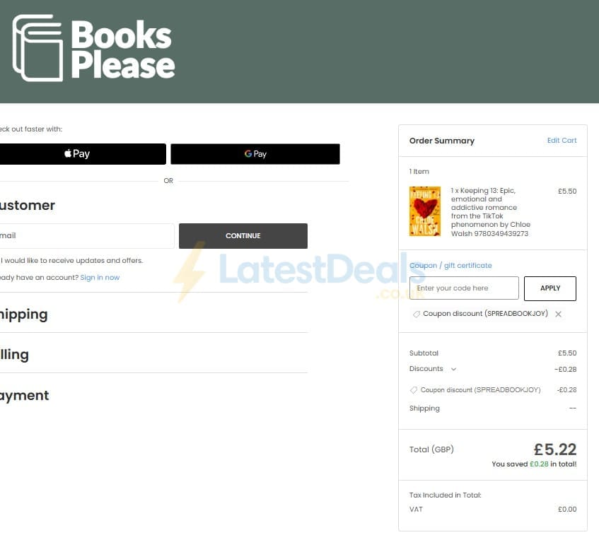 Screenshot of the Books Please discount code working