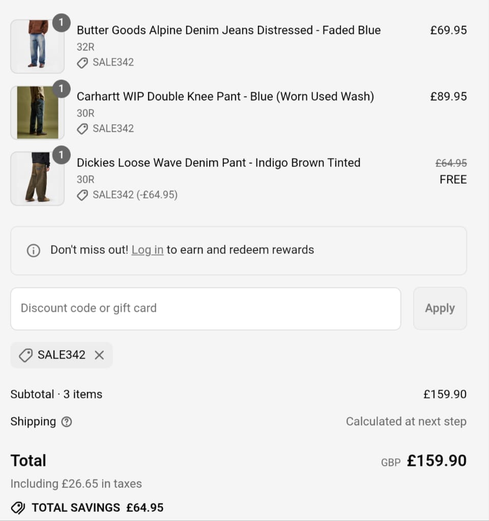 Screenshot of the Route One discount code working