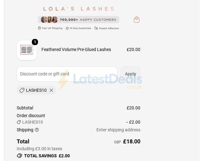 Screenshot of the Lola's Lashes discount code working