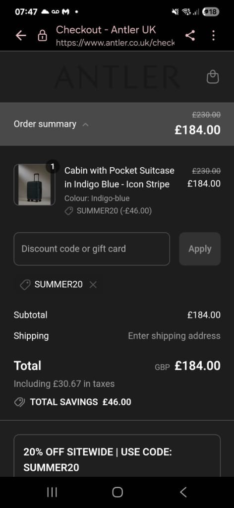 Screenshot of the Antler discount code working