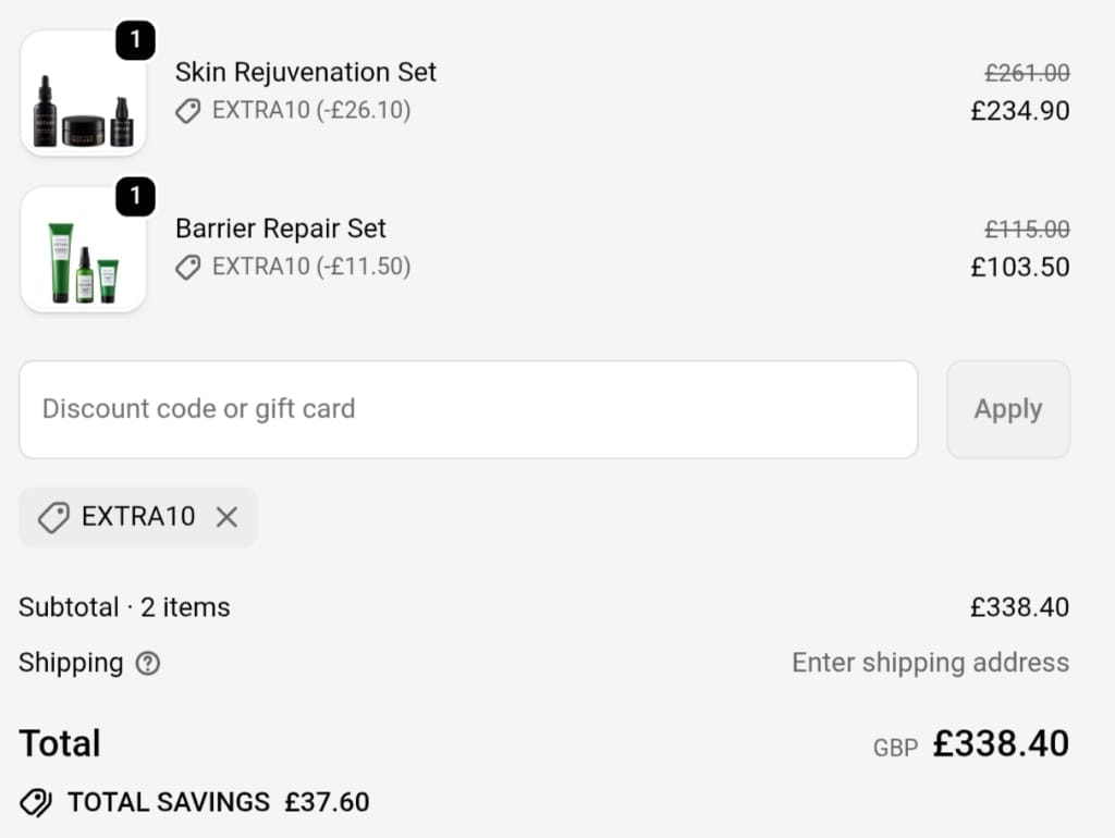 Screenshot of the Votary discount code working