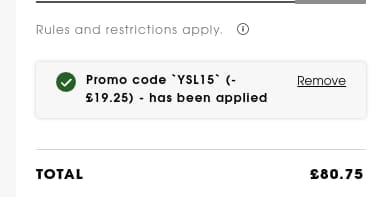 Screenshot of the Yves Saint Laurent discount code working