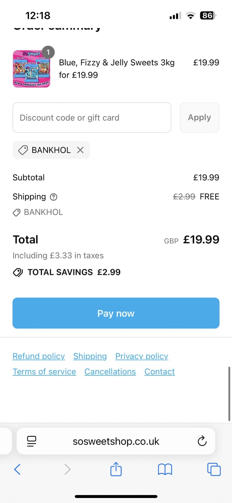 Screenshot of the Sosweetshop discount code working