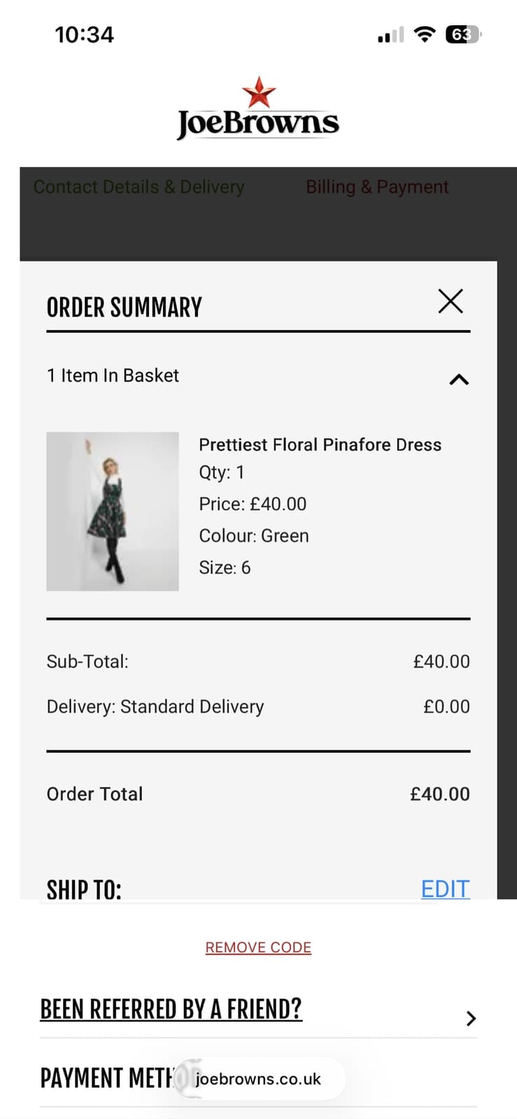 Screenshot of the Joe Browns discount code working