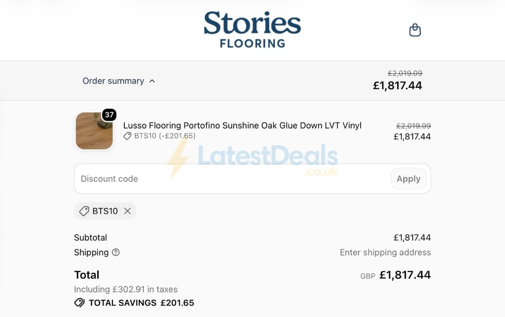 Screenshot of the Stories Flooring discount code working