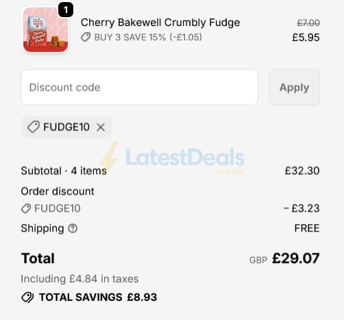Screenshot of the The Finest Fudge Co. discount code working