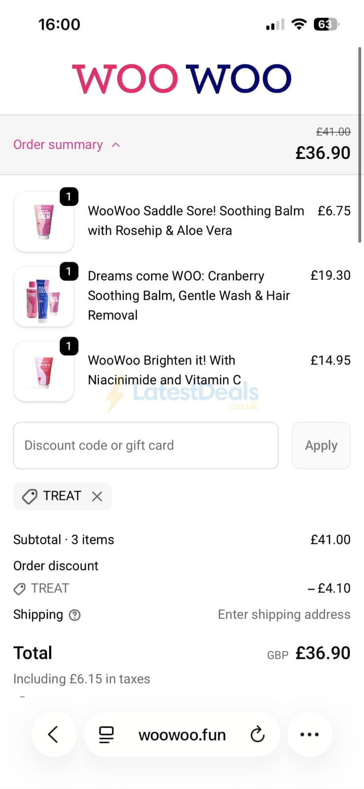 Screenshot of the WooWoo discount code working