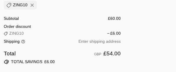 Screenshot of the Zing Organics discount code working