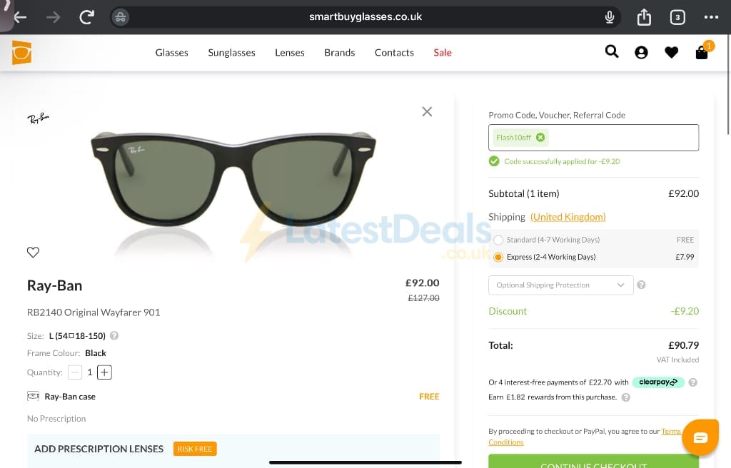 Screenshot of the SmartBuyGlasses discount code working