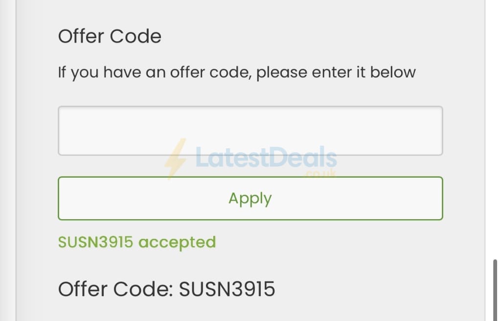 Screenshot of the Suttons discount code working